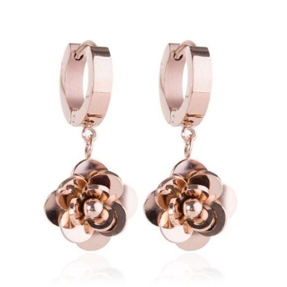 Rose Gold Plated Rose Floral Drop Huggie Earrings